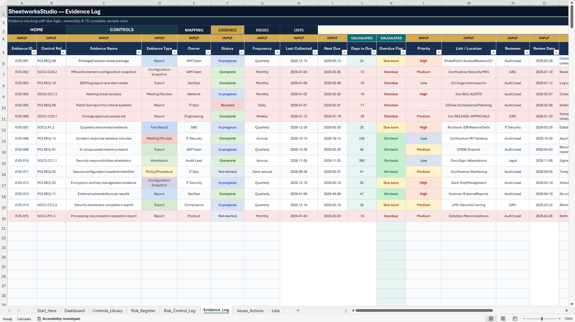 PCI DSS 4.0 & SOC 2 Compliance & Audit Tracker (Excel template (XLSX)) Preview Image