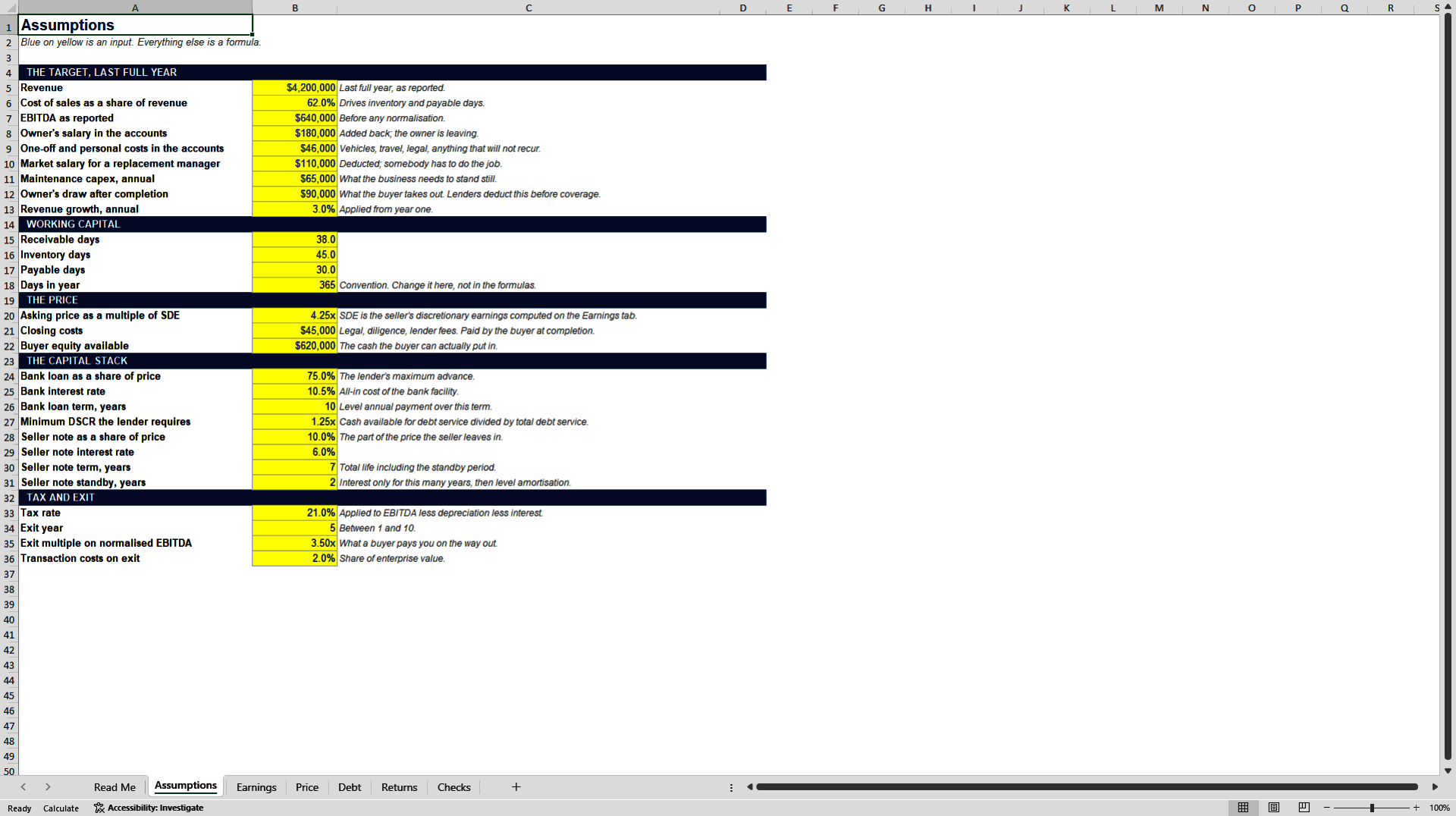 Small Business Acquisition & Lender Underwriting Model (Excel template (XLSX)) Preview Image