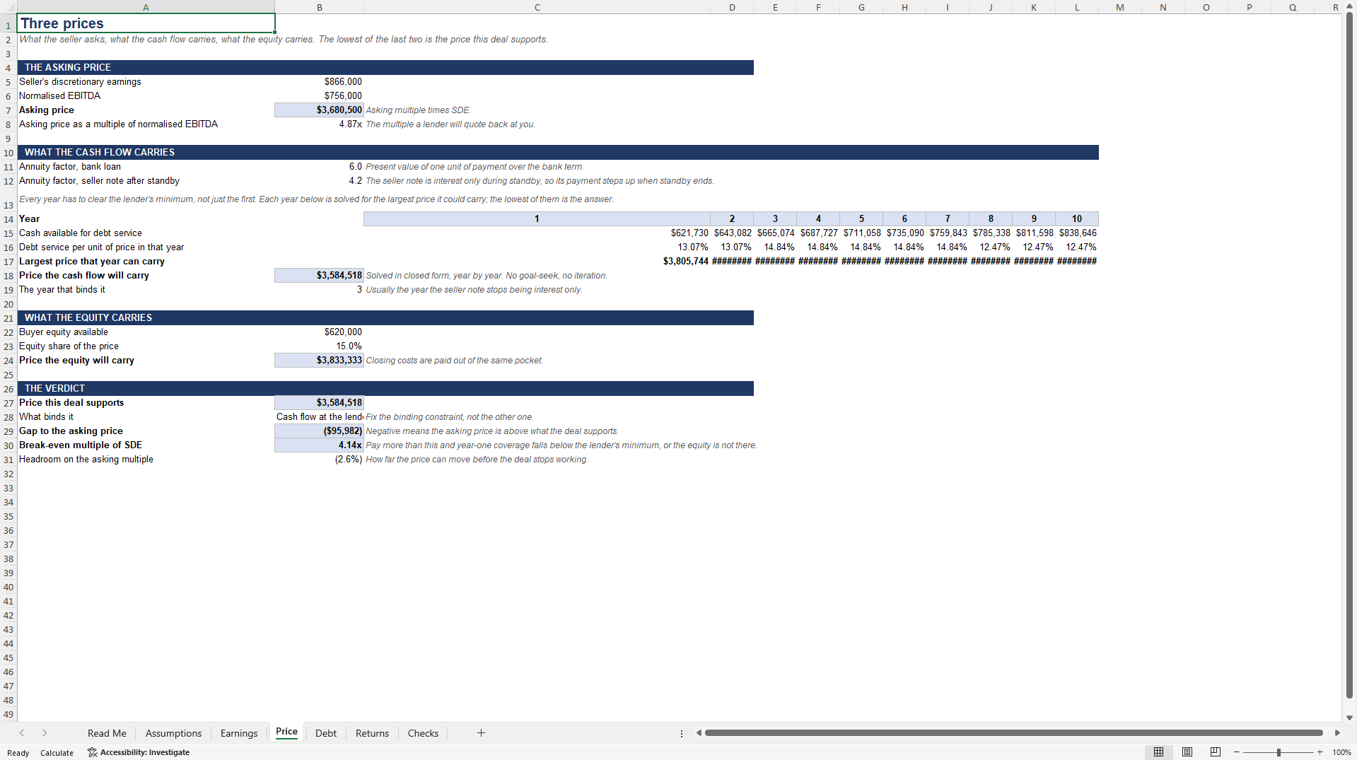 Small Business Acquisition & Lender Underwriting Model (Excel template (XLSX)) Preview Image
