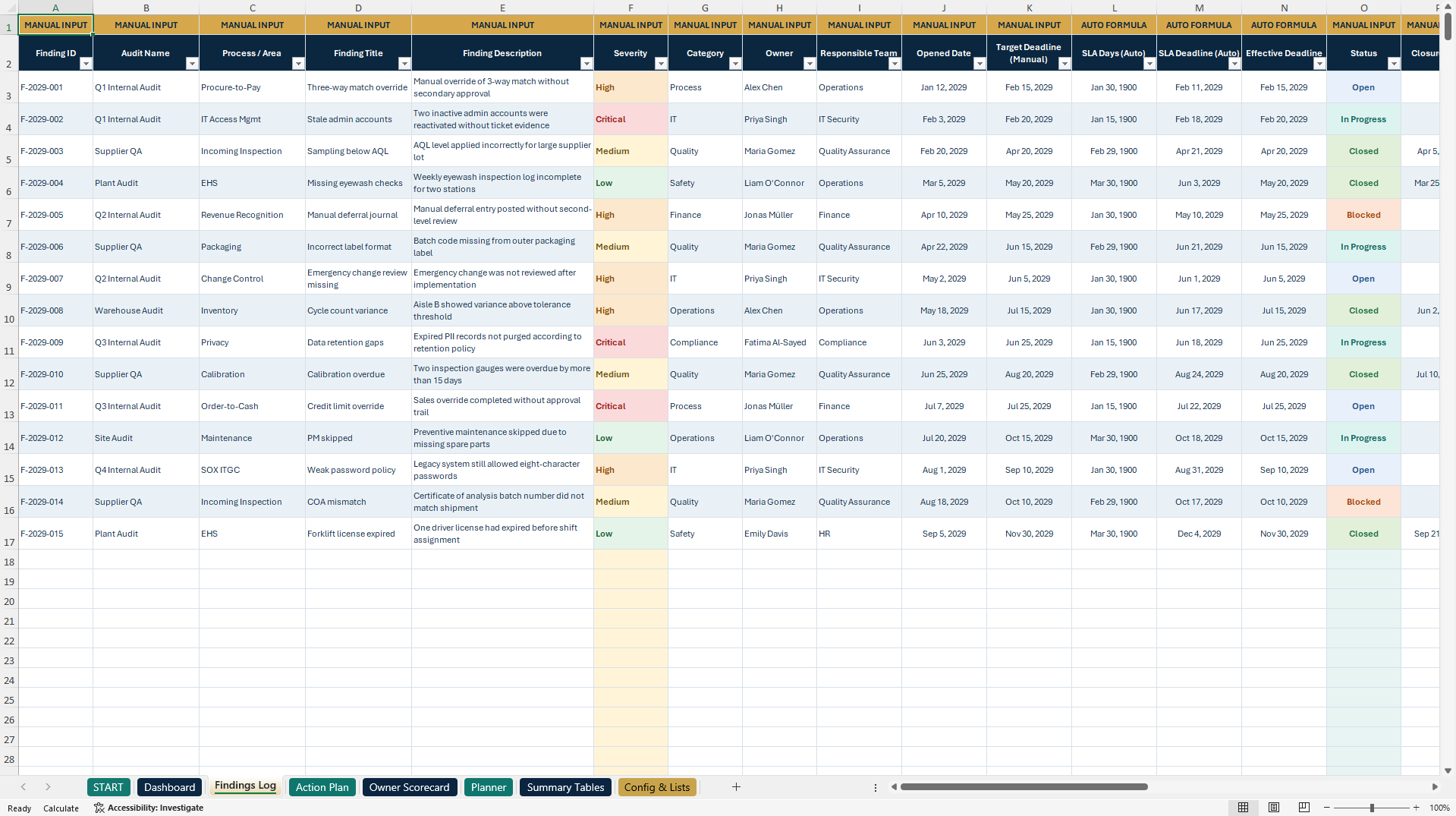 Internal Audit Log & CAPA Management Control Center (Excel template (XLSX)) Preview Image