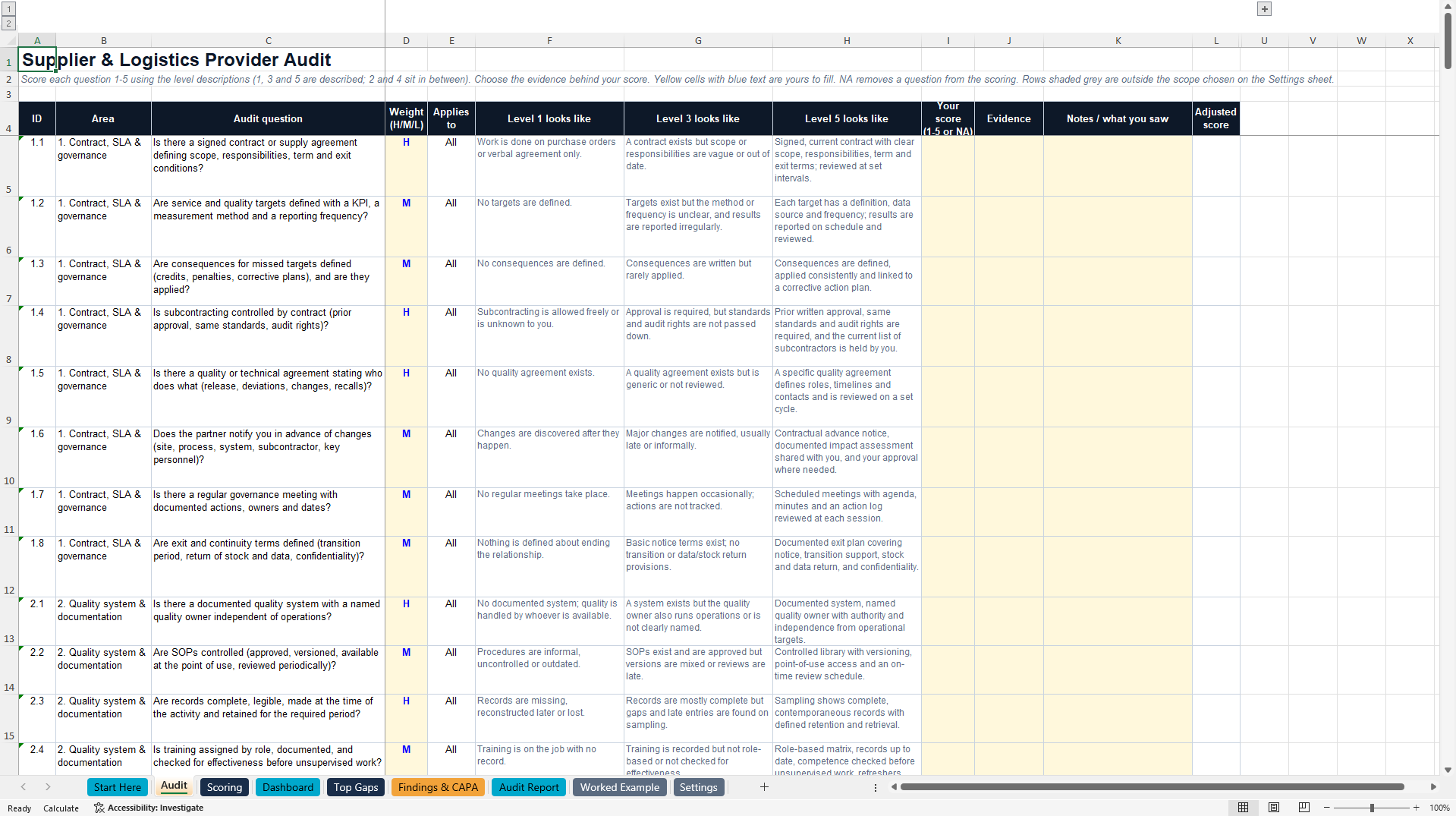 Supplier and Logistics Provider Audit: 3PL, 4PL, 5PL and AI (Excel template (XLSX)) Preview Image