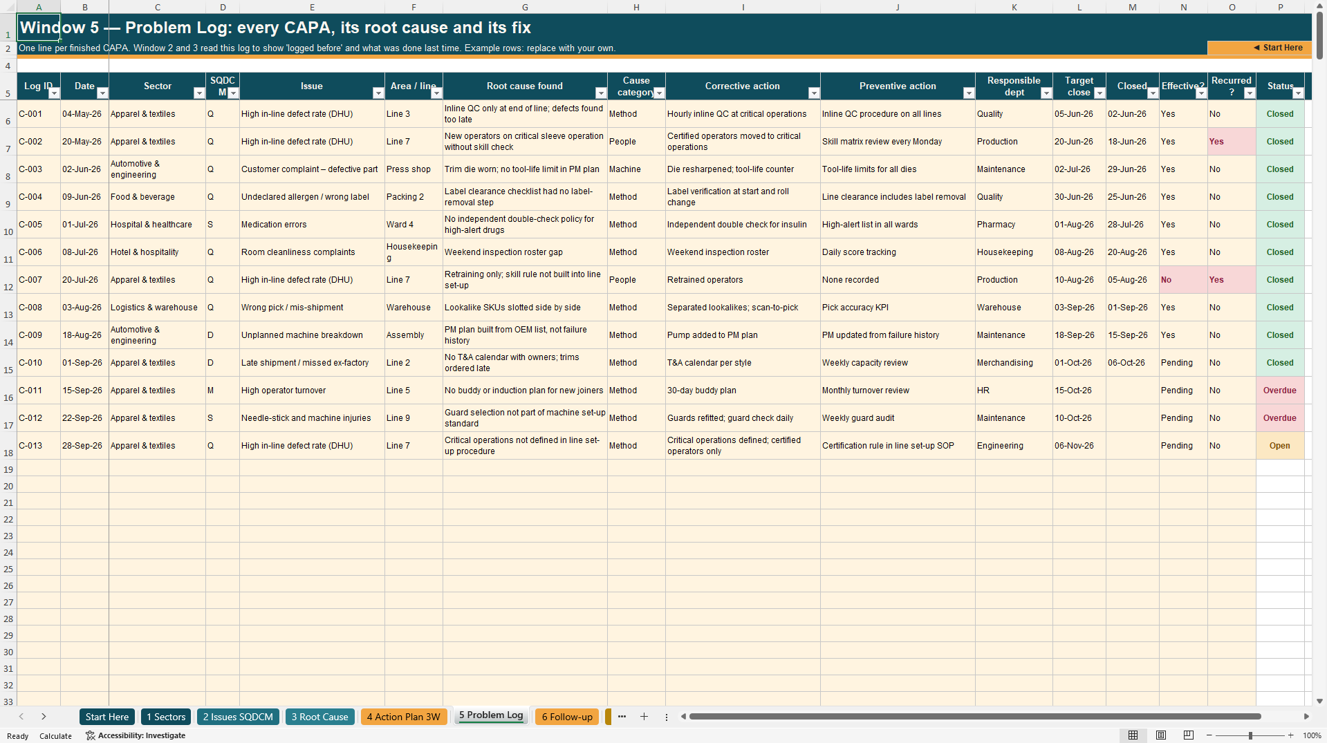 CAPA Toolkit: Corrective and Preventive Action System (Excel template (XLSX)) Preview Image