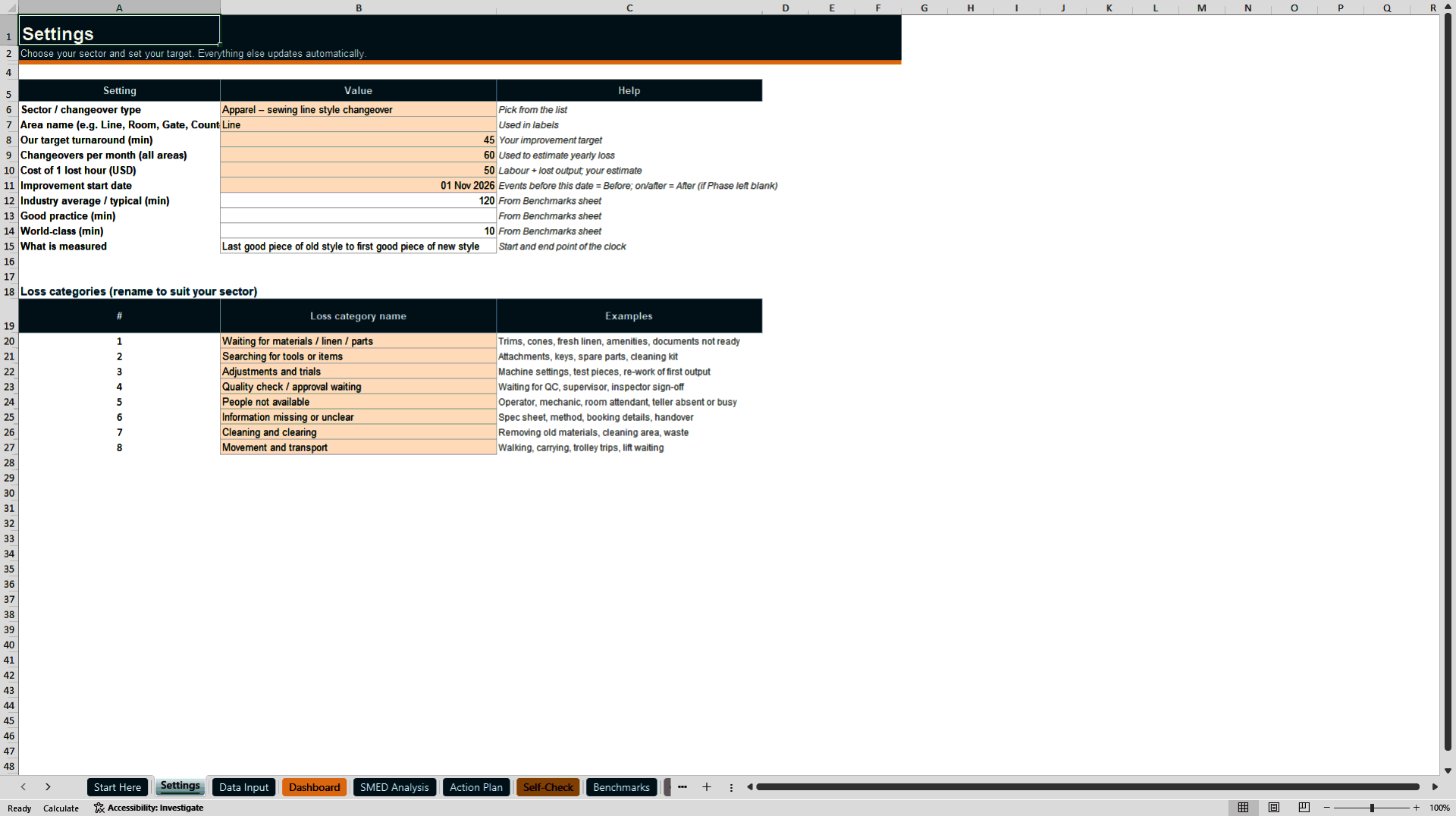 Quick Changeover (SMED) Toolkit with User Guide (Excel template (XLSX)) Preview Image