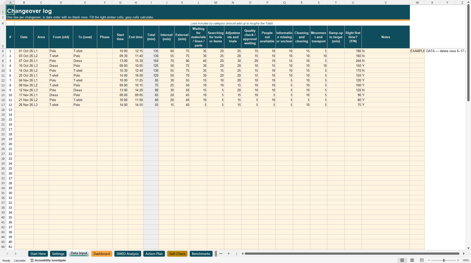 Quick Changeover (SMED) Toolkit with User Guide (Excel template (XLSX)) Preview Image