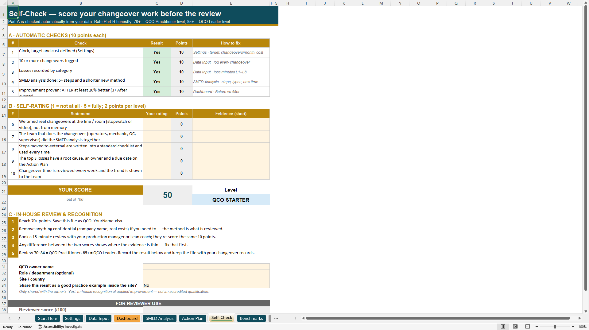 Quick Changeover (SMED) Toolkit with User Guide (Excel template (XLSX)) Preview Image