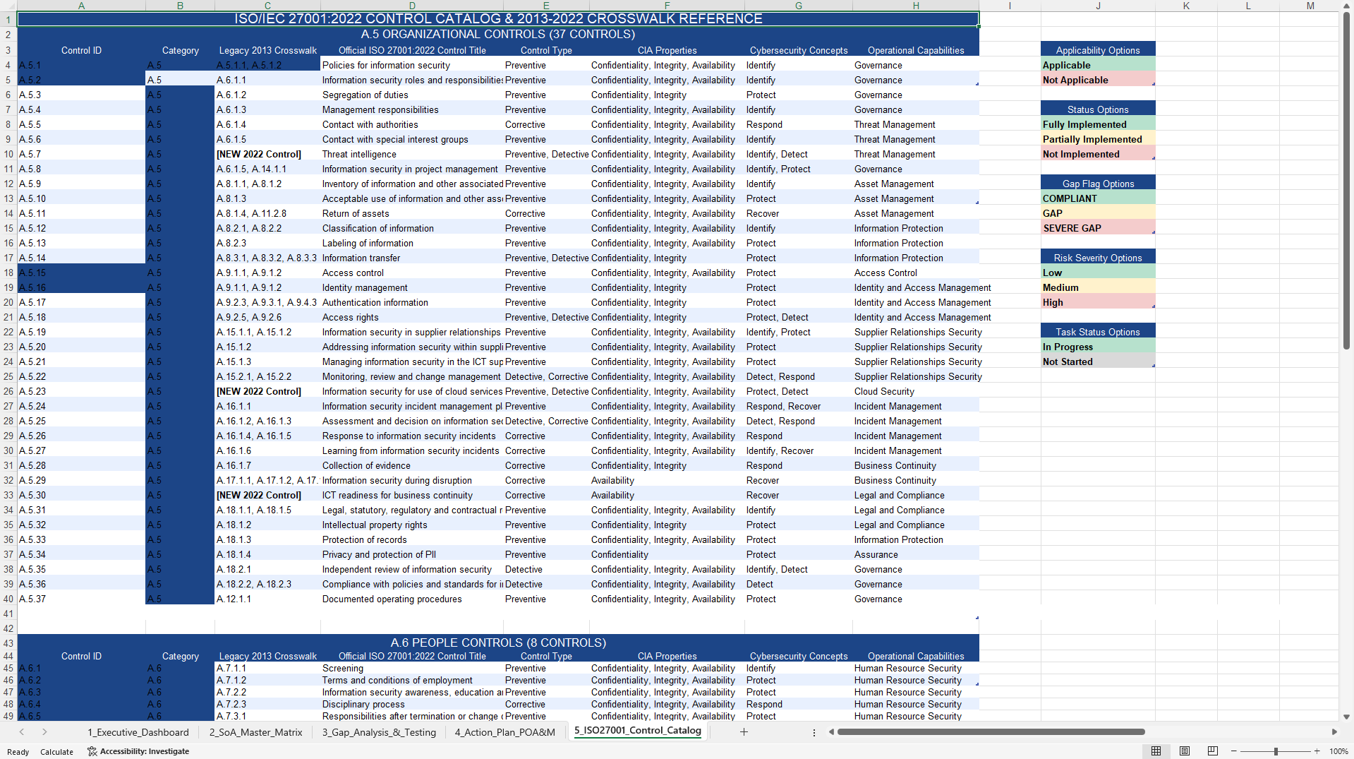ISO 27001:2022 SoA & Gap Suite (Excel template (XLSX)) Preview Image