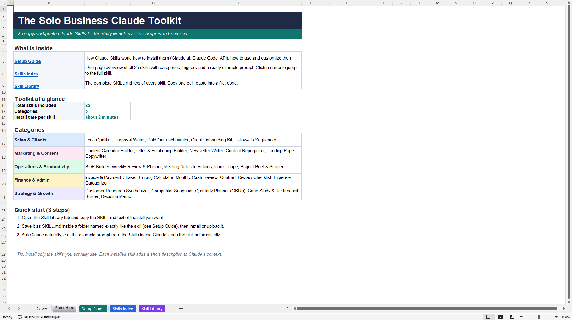 Solo Business Claude Toolkit (Excel template (XLSX)) Preview Image