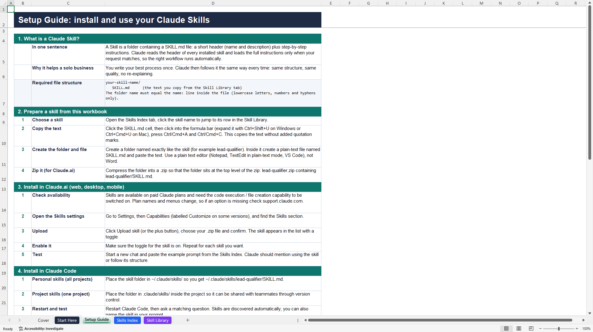 Solo Business Claude Toolkit (Excel template (XLSX)) Preview Image