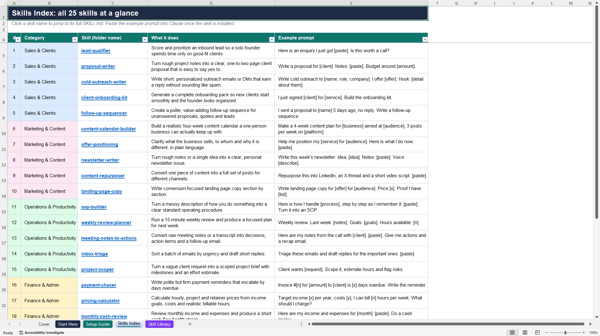 Solo Business Claude Toolkit (Excel template (XLSX)) Preview Image