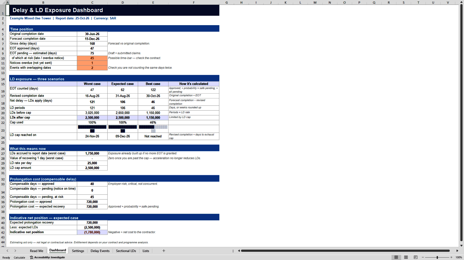 Construction Delay & LD Exposure Calculator (Excel template (XLSX)) Preview Image