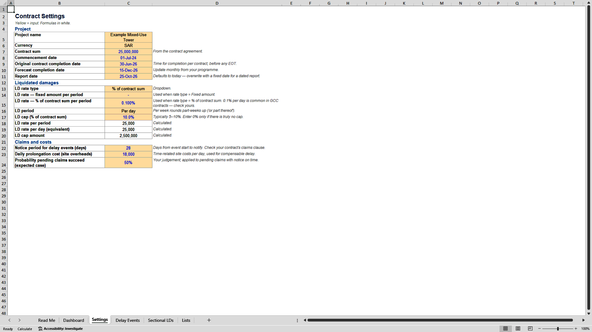 Construction Delay & LD Exposure Calculator (Excel template (XLSX)) Preview Image