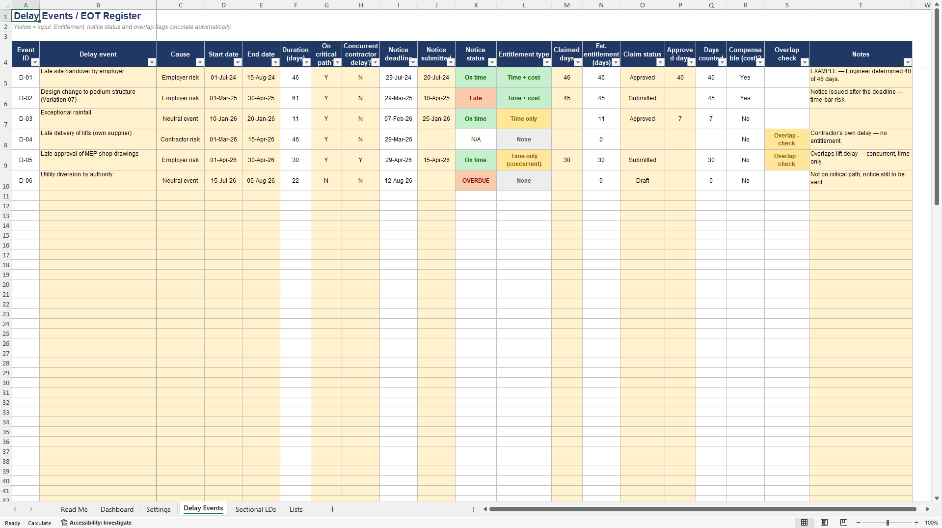 Construction Delay & LD Exposure Calculator (Excel template (XLSX)) Preview Image
