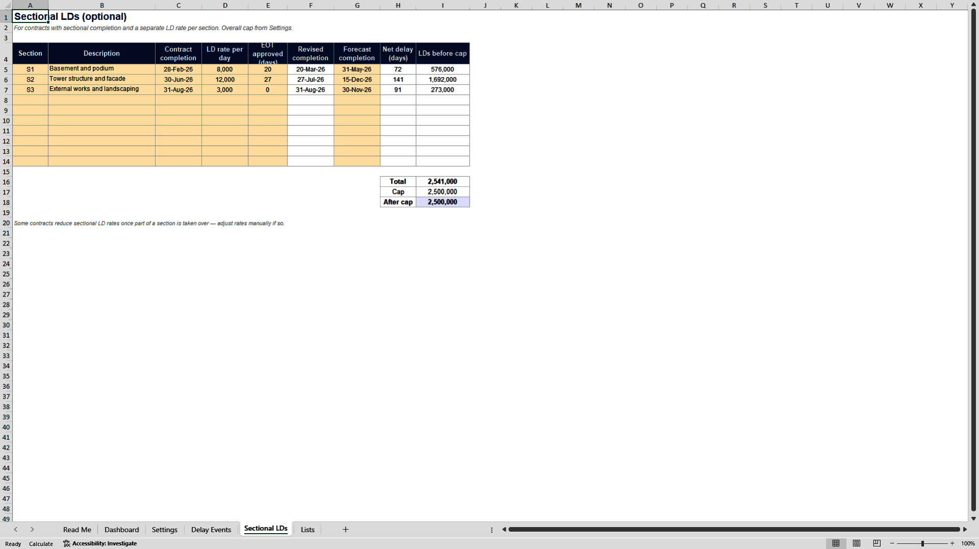 Construction Delay & LD Exposure Calculator (Excel template (XLSX)) Preview Image