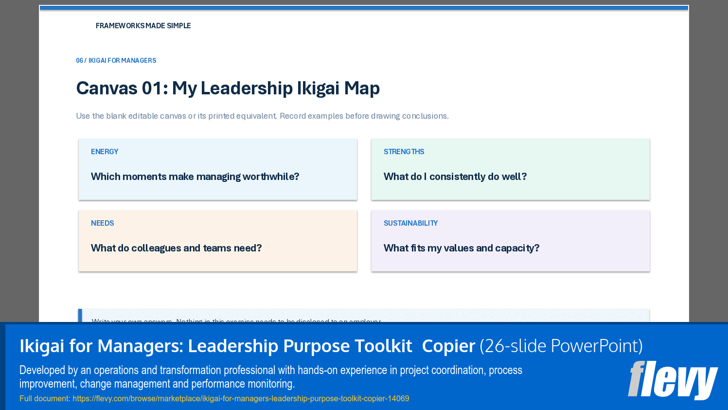 Ikigai for Managers: Leadership Purpose Toolkit  Copier (26-slide PPT PowerPoint presentation template (PPTX)) Preview Image