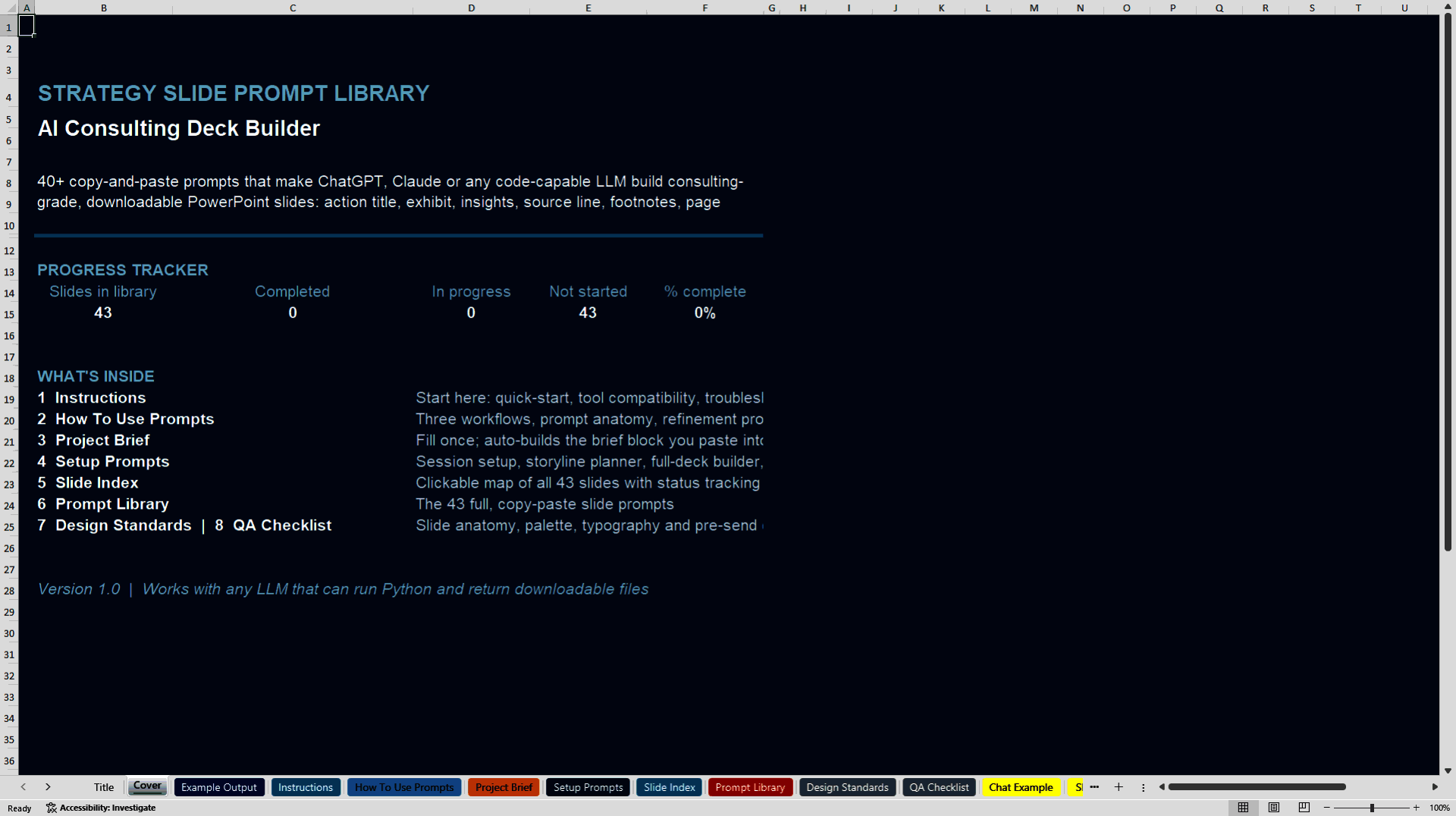 AI MBB-Consulting Deck Builder Toolkit (Excel template (XLSX)) Preview Image