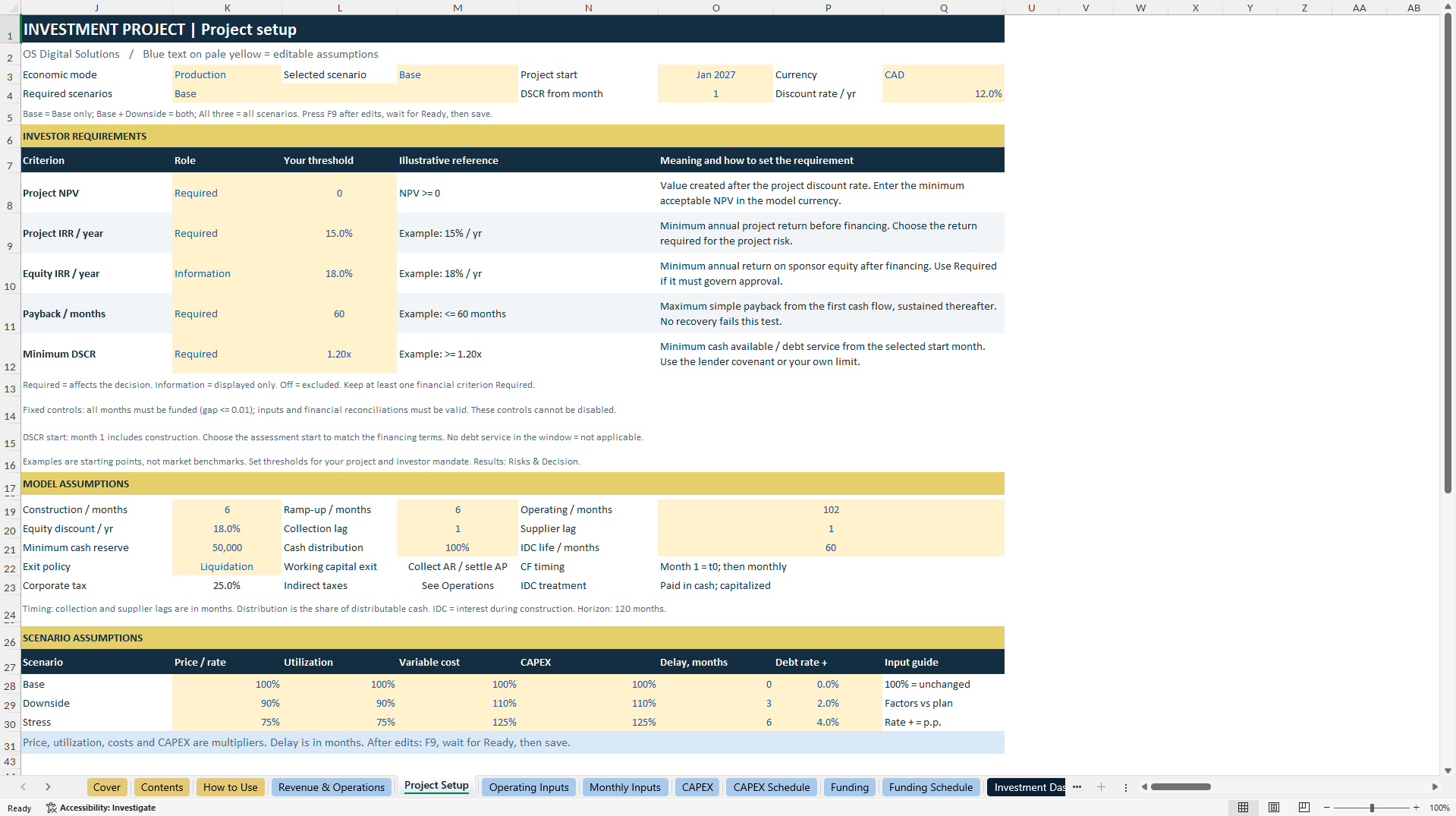 Investment Project Financial Model - NPV, IRR & DSCR (Excel template (XLSX)) Preview Image