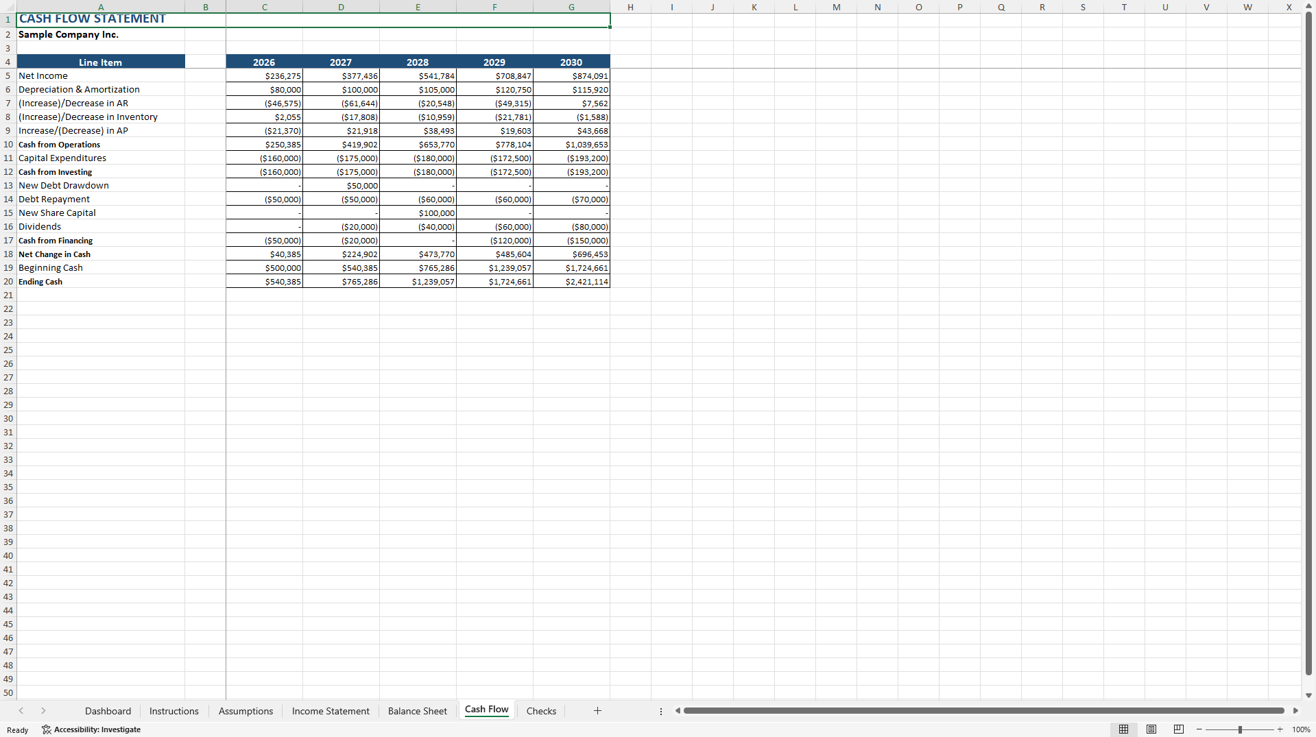 Five-Year Integrated Financial Statements™ (Excel template (XLSX)) Preview Image
