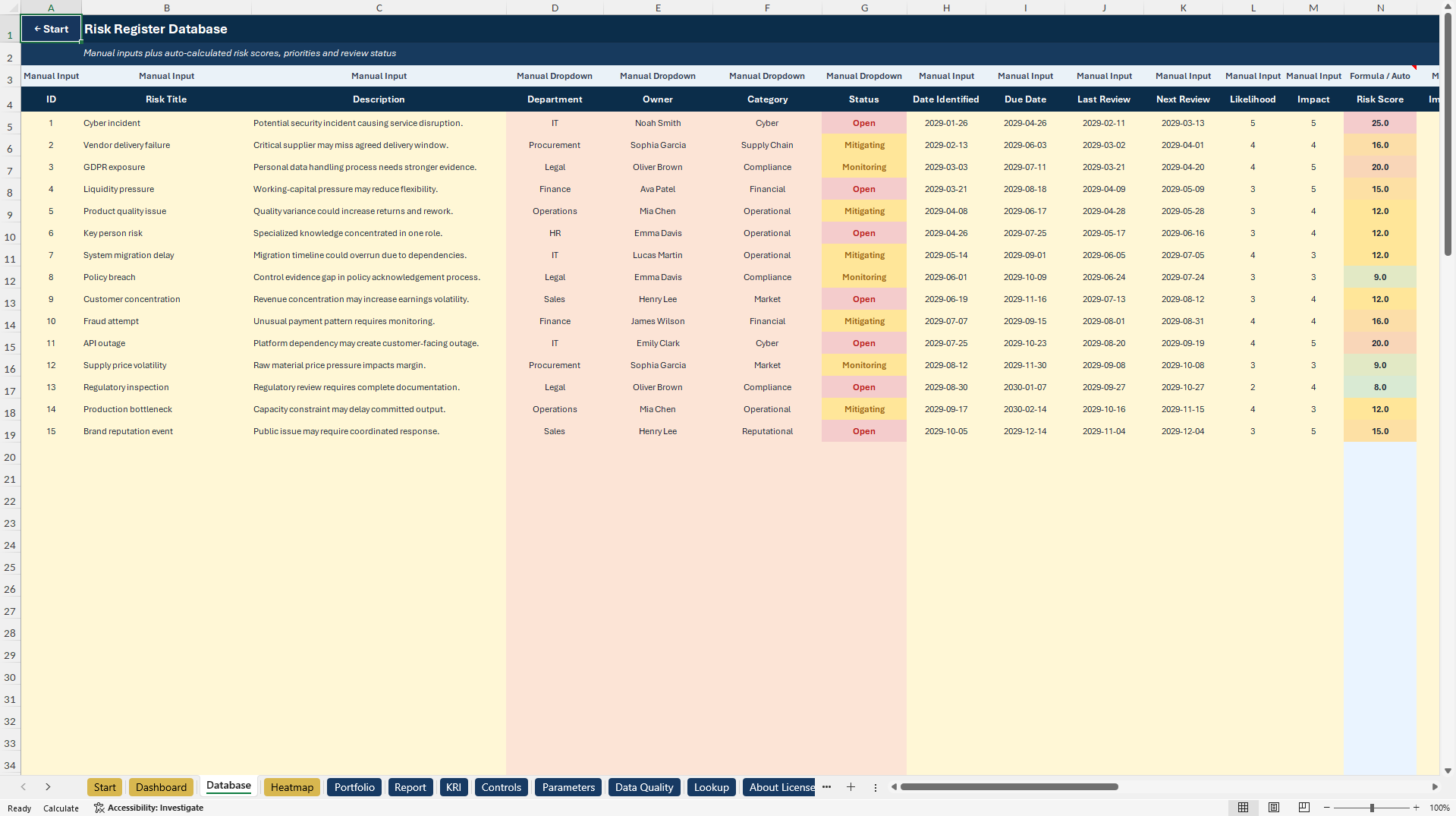 Risk Heatmap Dashboard | Risk Register & KRI Toolkit (Excel template (XLSX)) Preview Image