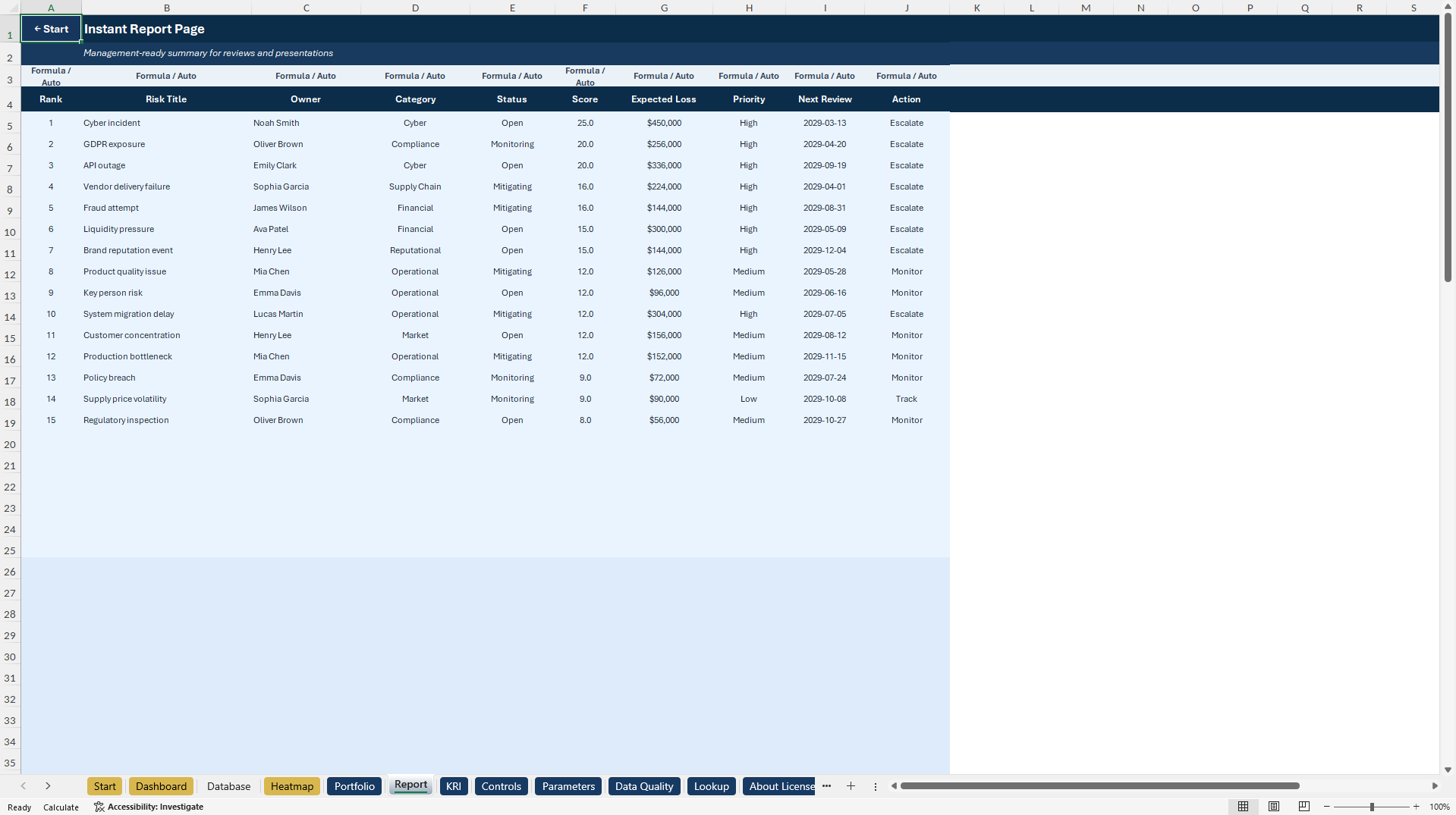 Risk Heatmap Dashboard | Risk Register & KRI Toolkit (Excel template (XLSX)) Preview Image