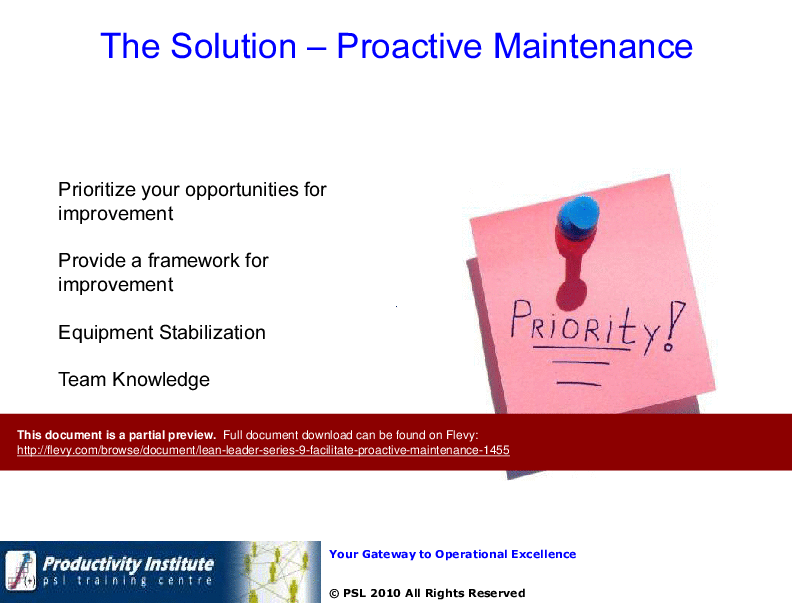 This is a partial preview of Lean Leader GB Series 9 - Facilitate Proactive Maintenance (82-slide PowerPoint presentation (PPTX)). Full document is 82 slides. 