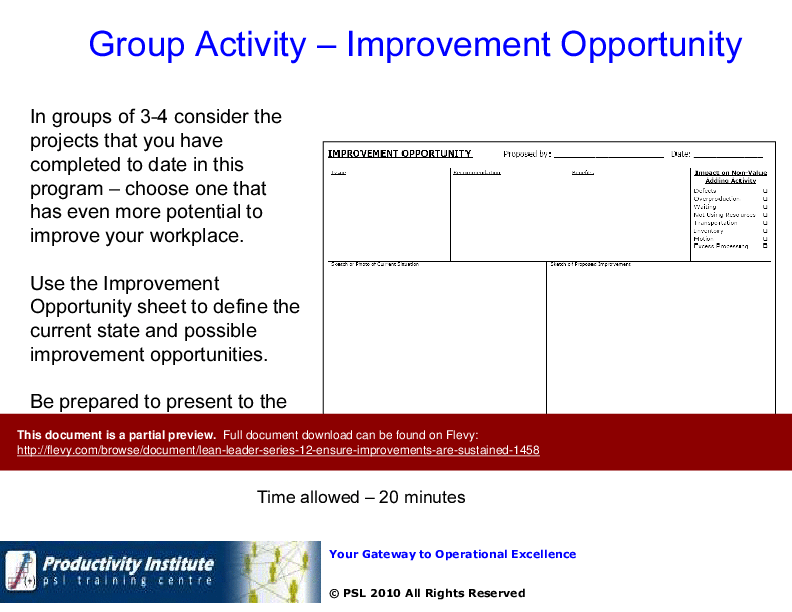 This is a partial preview of Lean Leader GB Series 12 - Ensure Improvements Are Sustained (49-slide PowerPoint presentation (PPTX)). Full document is 49 slides. 