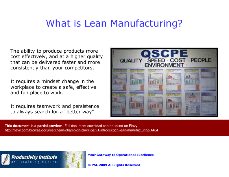 This is a partial preview of Lean Champion Black Belt 1 - Introduction Lean Manufacturing (108-slide PowerPoint presentation (PPTX)). Full document is 108 slides. 