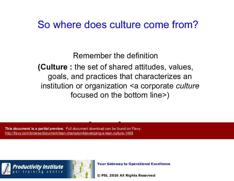 This is a partial preview of Lean Champion BB 4 - Developing a Lean Culture (46-slide PowerPoint presentation (PPTX)). Full document is 46 slides. 