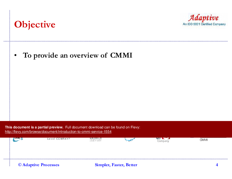 This is a partial preview of Introduction to CMMI - Service (141-slide PowerPoint presentation (PPT)). Full document is 141 slides. 