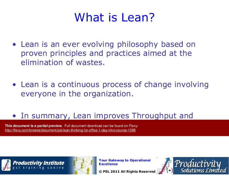 PSL - Lean Thinking For Office - 1 Day Intro Course (118-slide PPT PowerPoint presentation (PPT)) Preview Image