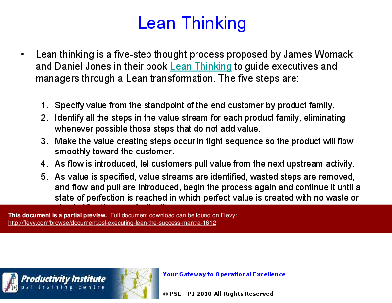 This is a partial preview of PSL - Executing Lean - The "Success Mantra" (116-slide PowerPoint presentation (PPTX)). Full document is 116 slides. 