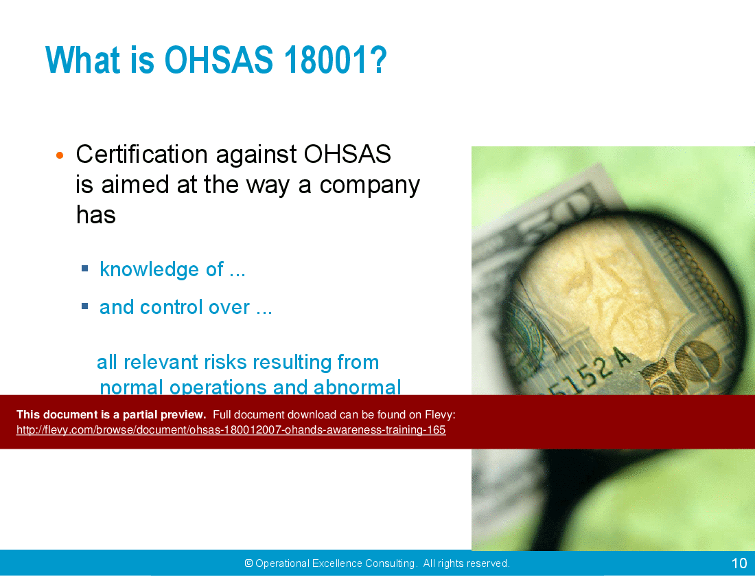 This is a partial preview of OHSAS 18001:2007 (OH&S) Awareness Training (82-slide PowerPoint presentation (PPTX)). Full document is 82 slides. 