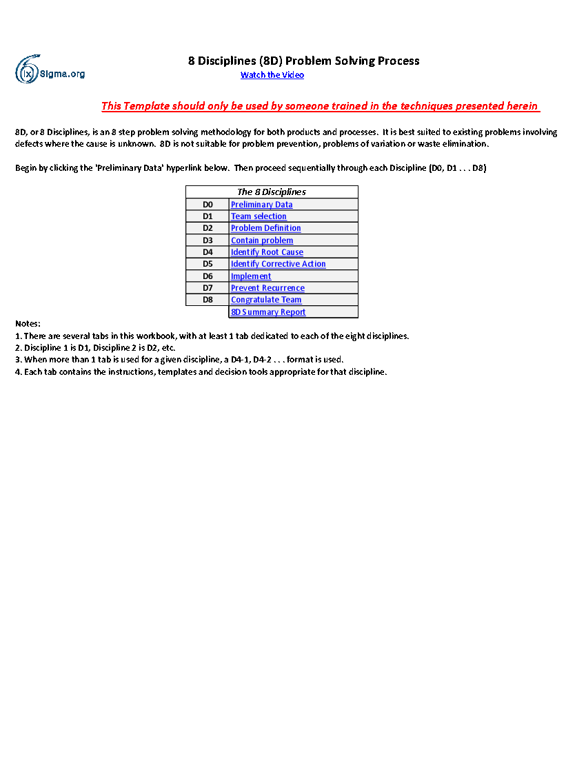 8 Disciplines (8D) Problem Solving Workbook (Excel template (XLSX)) Preview Image