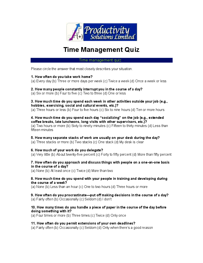 This is a partial preview of Time Management Quiz (2-page PDF document). Full document is 2 pages. 
