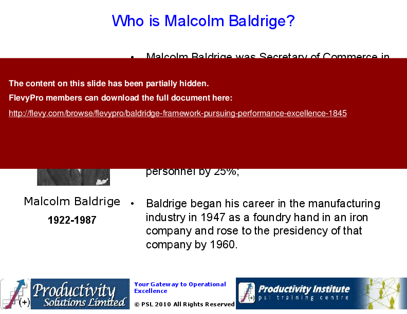 This is a partial preview of Baldridge Framework: Pursuing Performance Excellence (21-slide PowerPoint presentation (PPT)). Full document is 21 slides. 