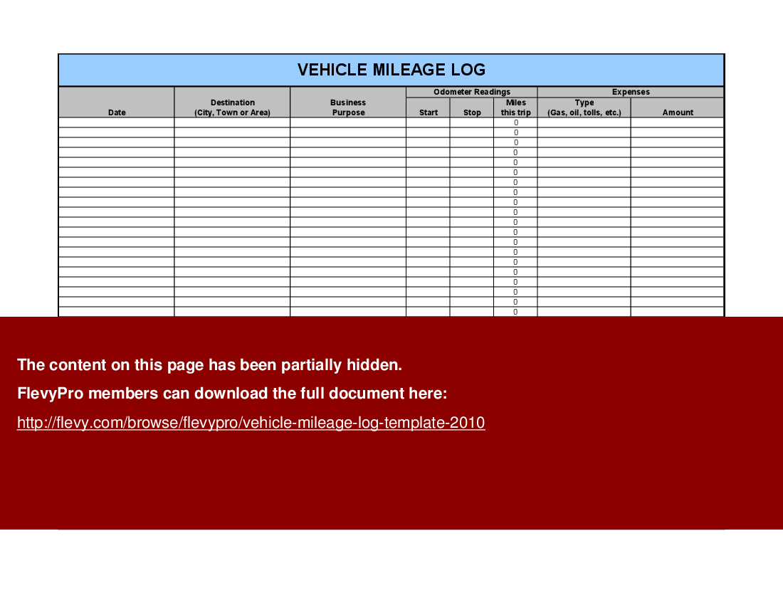 Vehicle Mileage Log Template (Excel template (XLS)) Preview Image