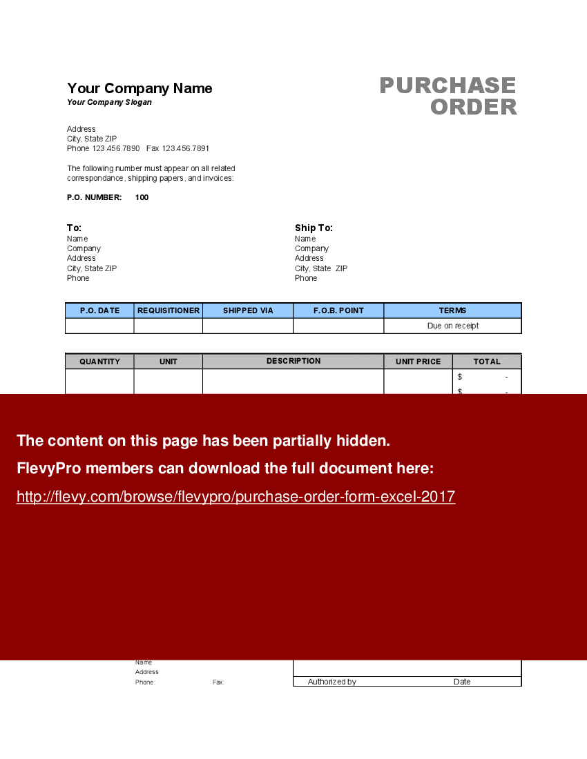 Purchase Order Form (Excel template (XLS)) Preview Image