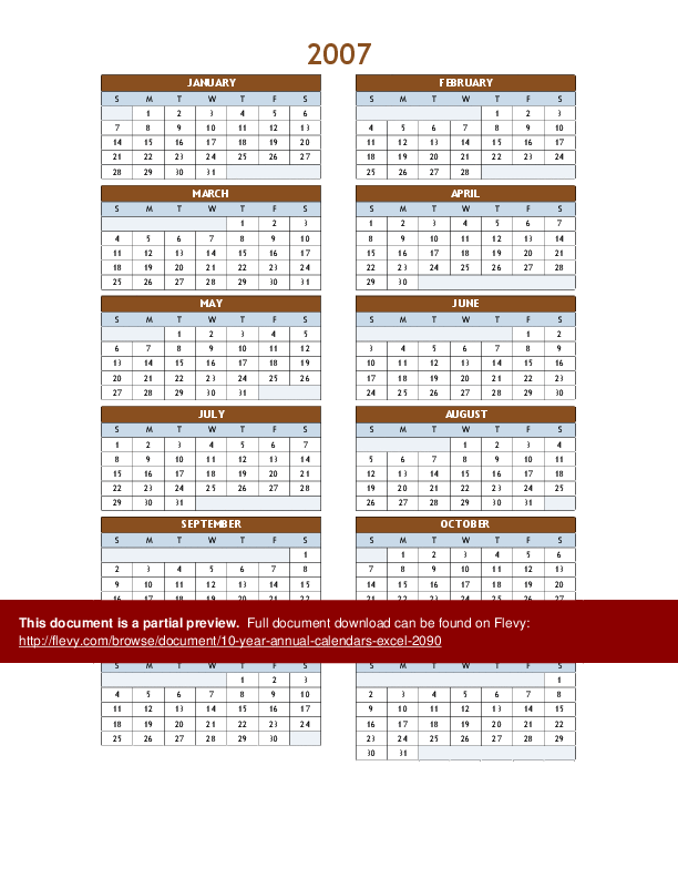 10-Year Annual Calendars (Excel template (XLS)) Preview Image