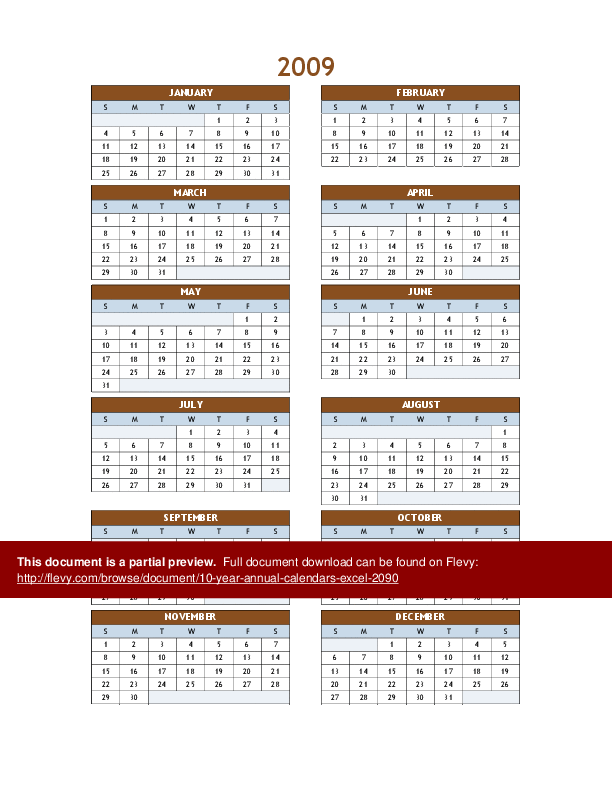 10-Year Annual Calendars (Excel template (XLS)) Preview Image