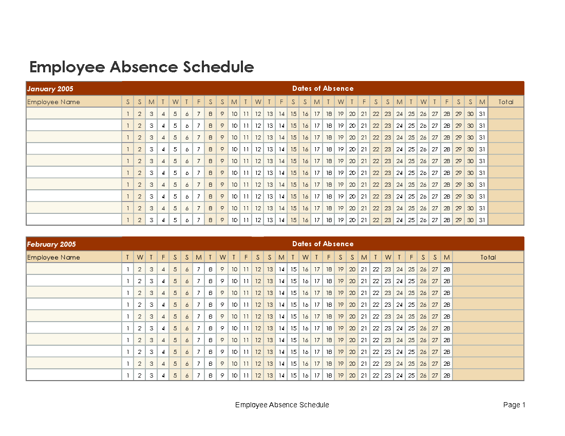 Excel Template Employee Absence Schedule (Excel template XLS