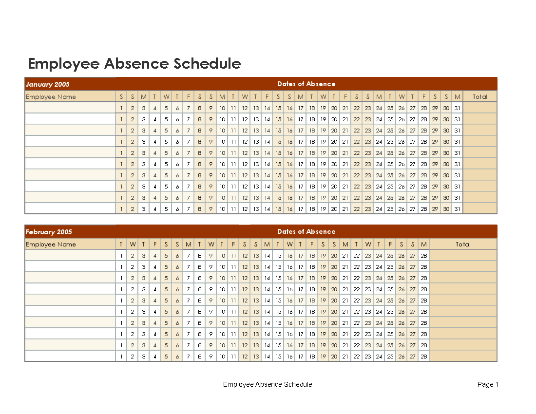 Excel Template Employee Absence Schedule Excel Spreadsheet Template