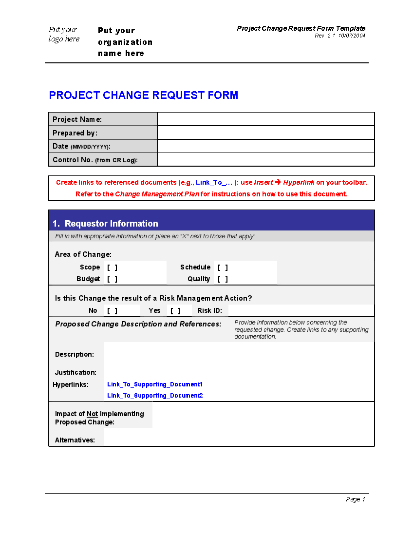 Project Change Request Form Word FlevyPro Document Flevy