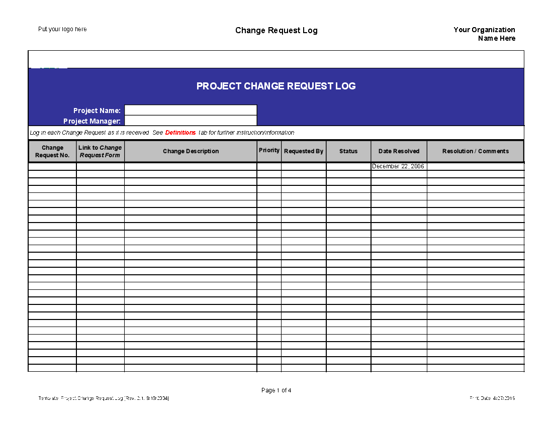 Project Change Request Log (Excel template (XLS)) Preview Image