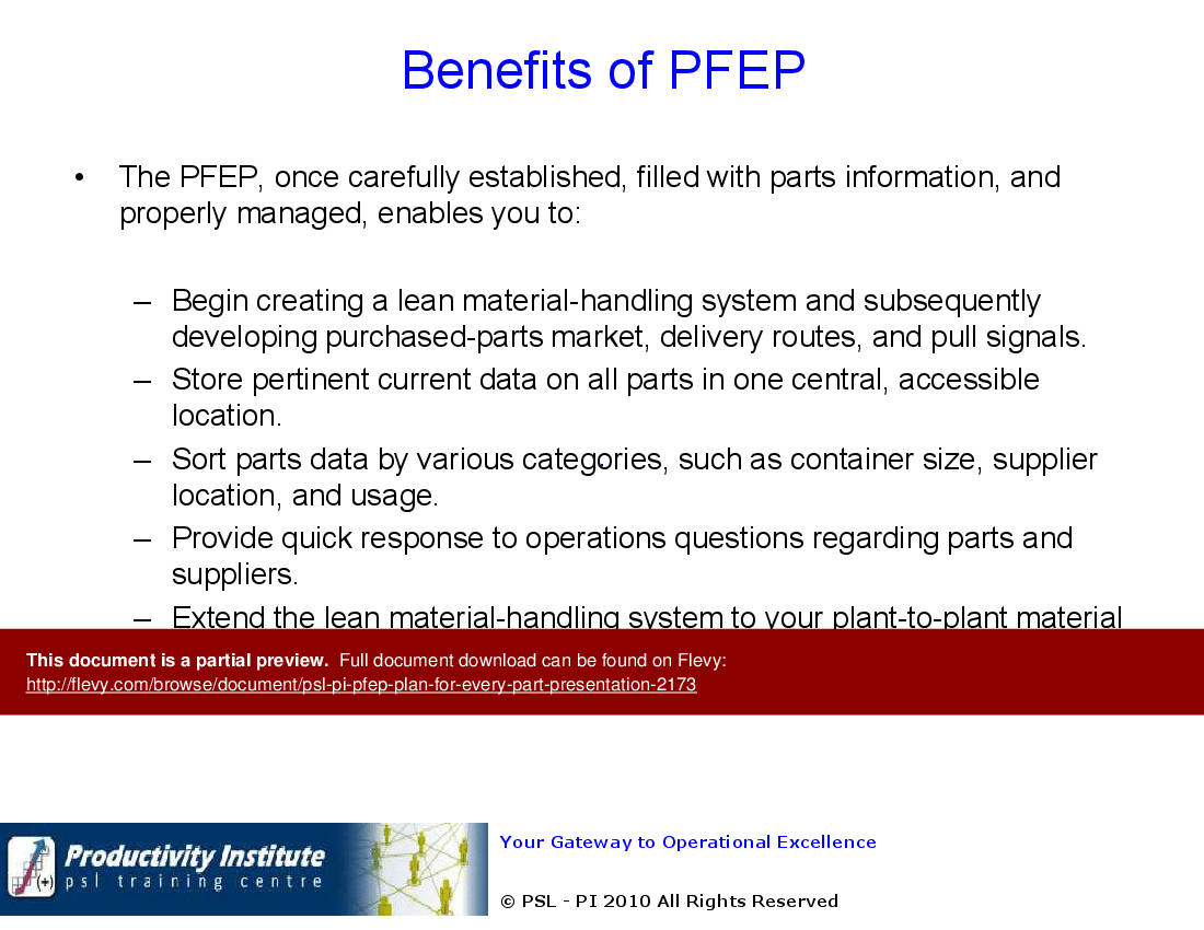 This is a partial preview of PSL-PI: PFEP - Plan for Every Part Presentation (33-slide PowerPoint presentation (PPT)). Full document is 33 slides. 