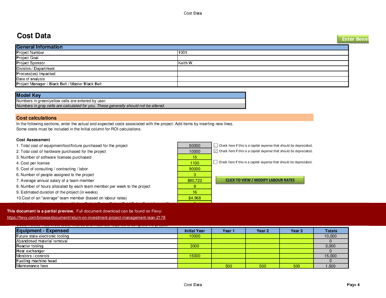 This is a partial preview of Return on Investment (Project Management/Lean) (Excel workbook (XLSX)). 