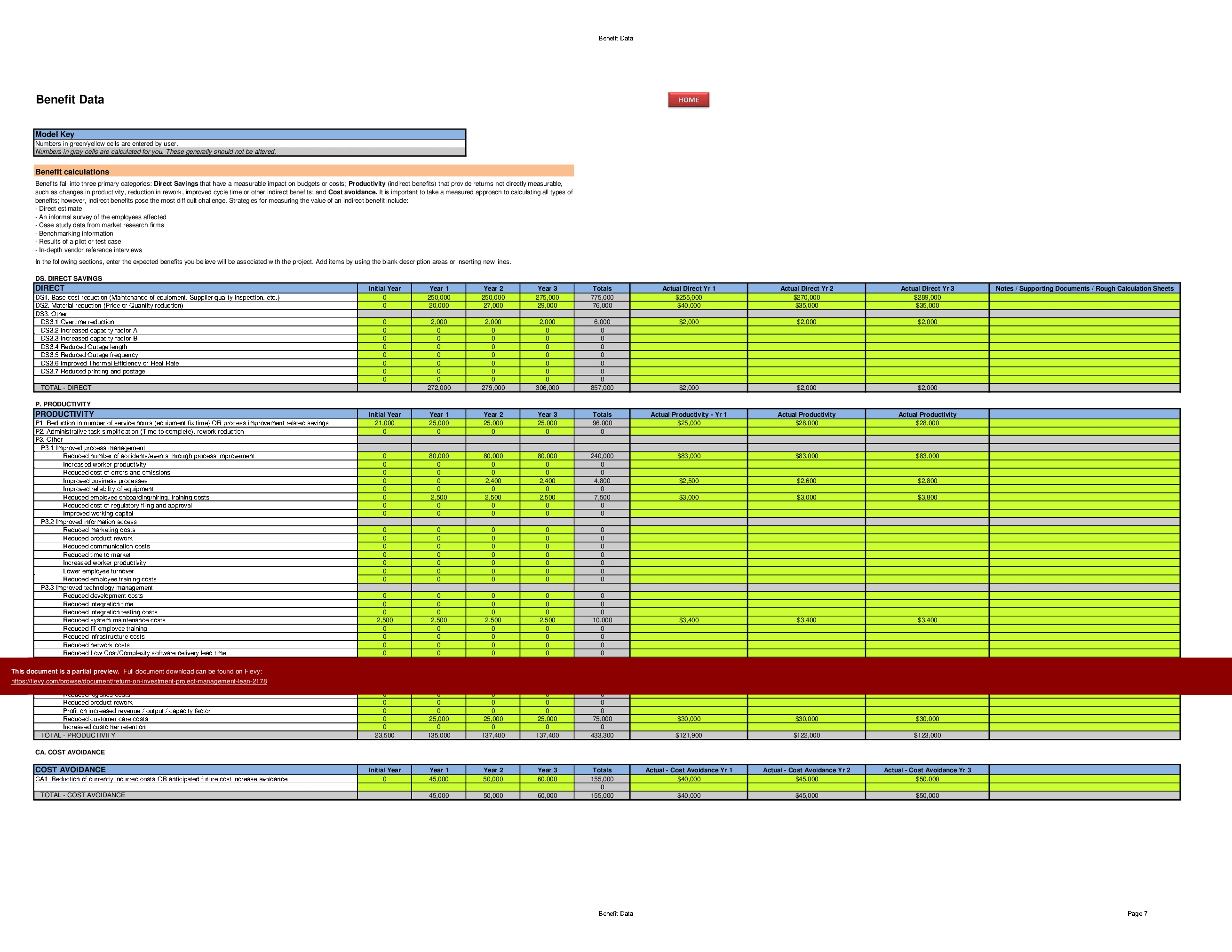 Return on Investment (Project Management/Lean) (Excel template (XLSX)) Preview Image