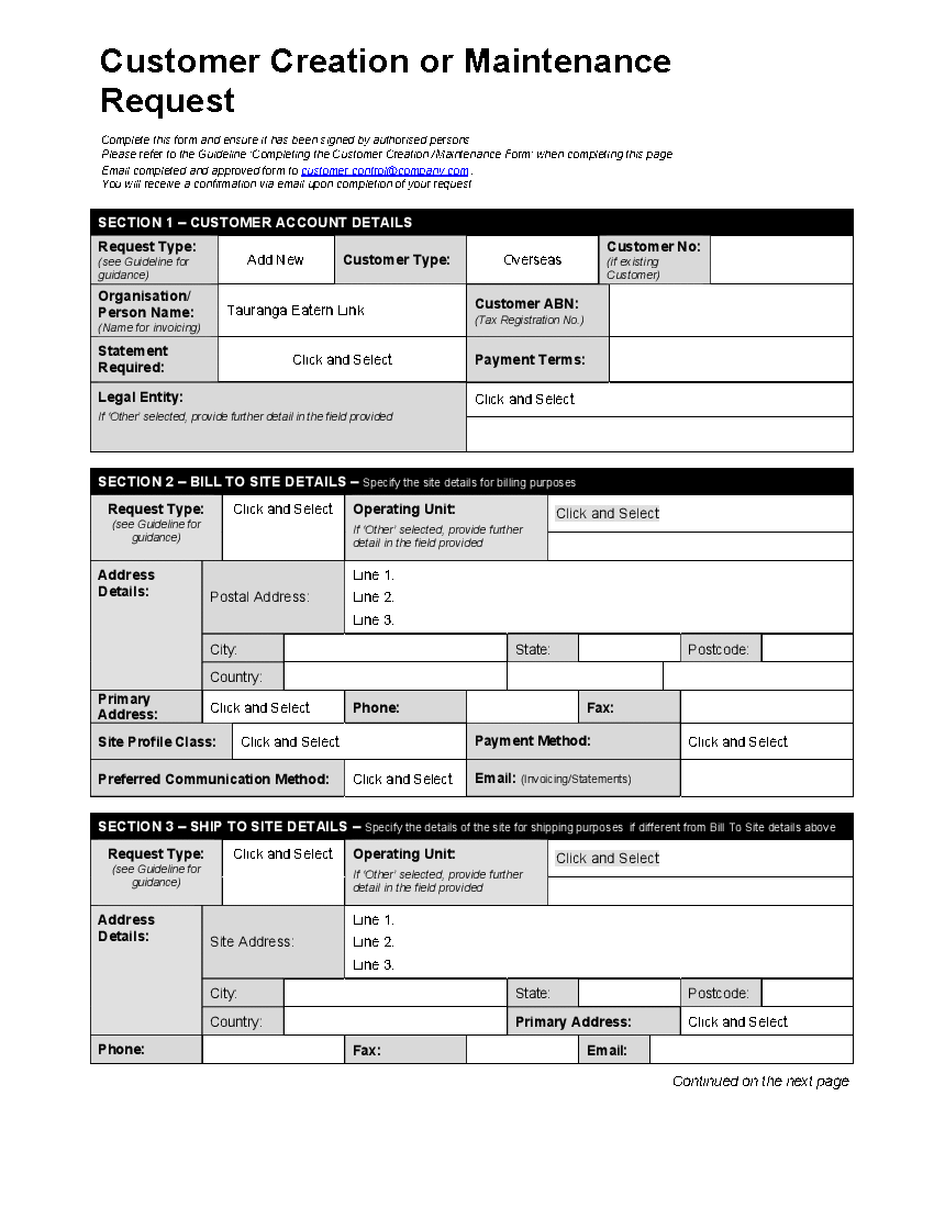 Customer Creation or Maintenance Request (2-page Word document) Preview Image