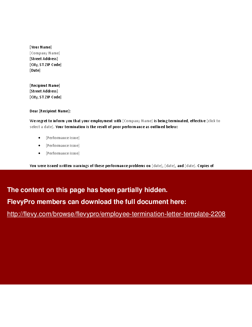 Employee Termination Letter Template (1-page Word document) Preview Image