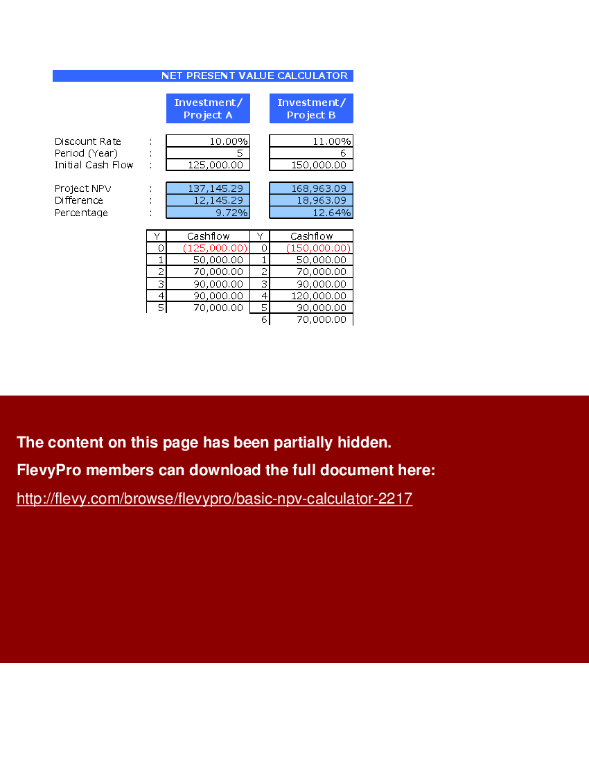 Basic NPV Calculator (Excel template (XLS)) Preview Image