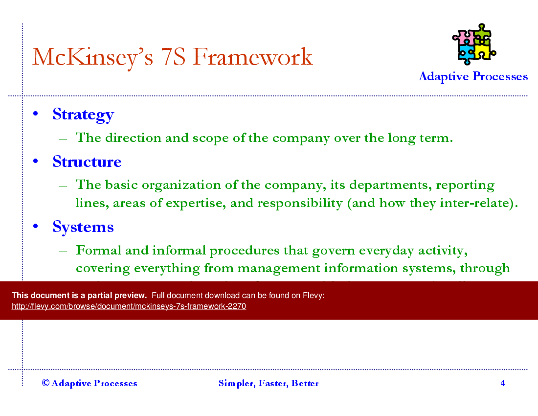 This is a partial preview of McKinsey's 7S Framework (6-slide PowerPoint presentation (PPT)). Full document is 6 slides. 