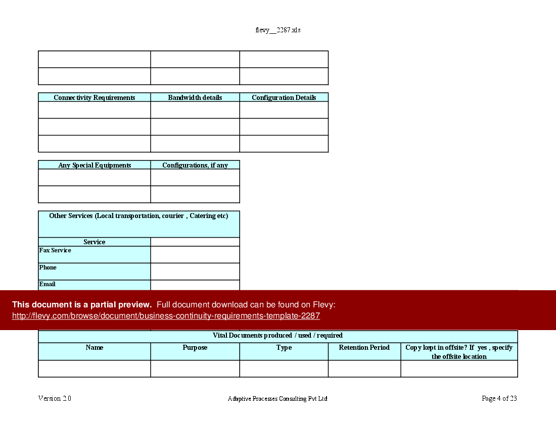 Business Continuity Requirements Template (Excel template (XLS)) Preview Image
